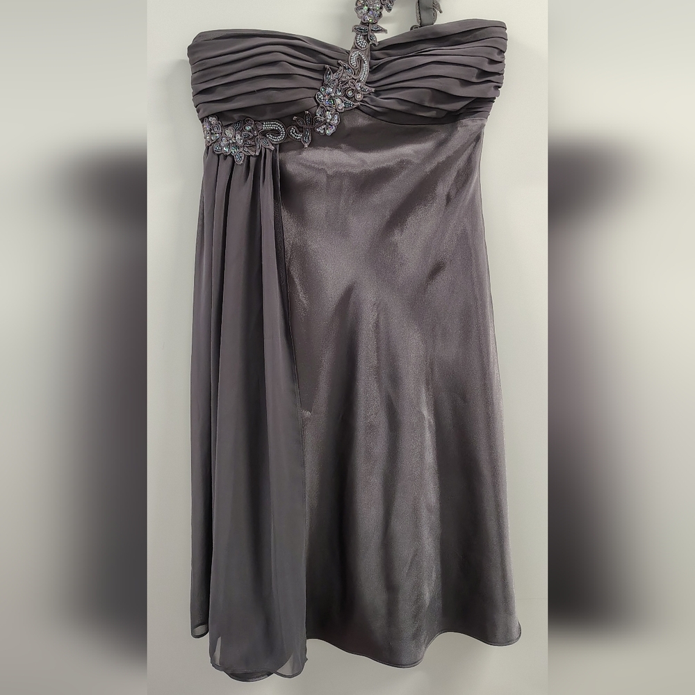VTG Cache Embellished One Shoulder Metallic Pewter Mini Dress 6 NWOT - Picture 2 of 7
